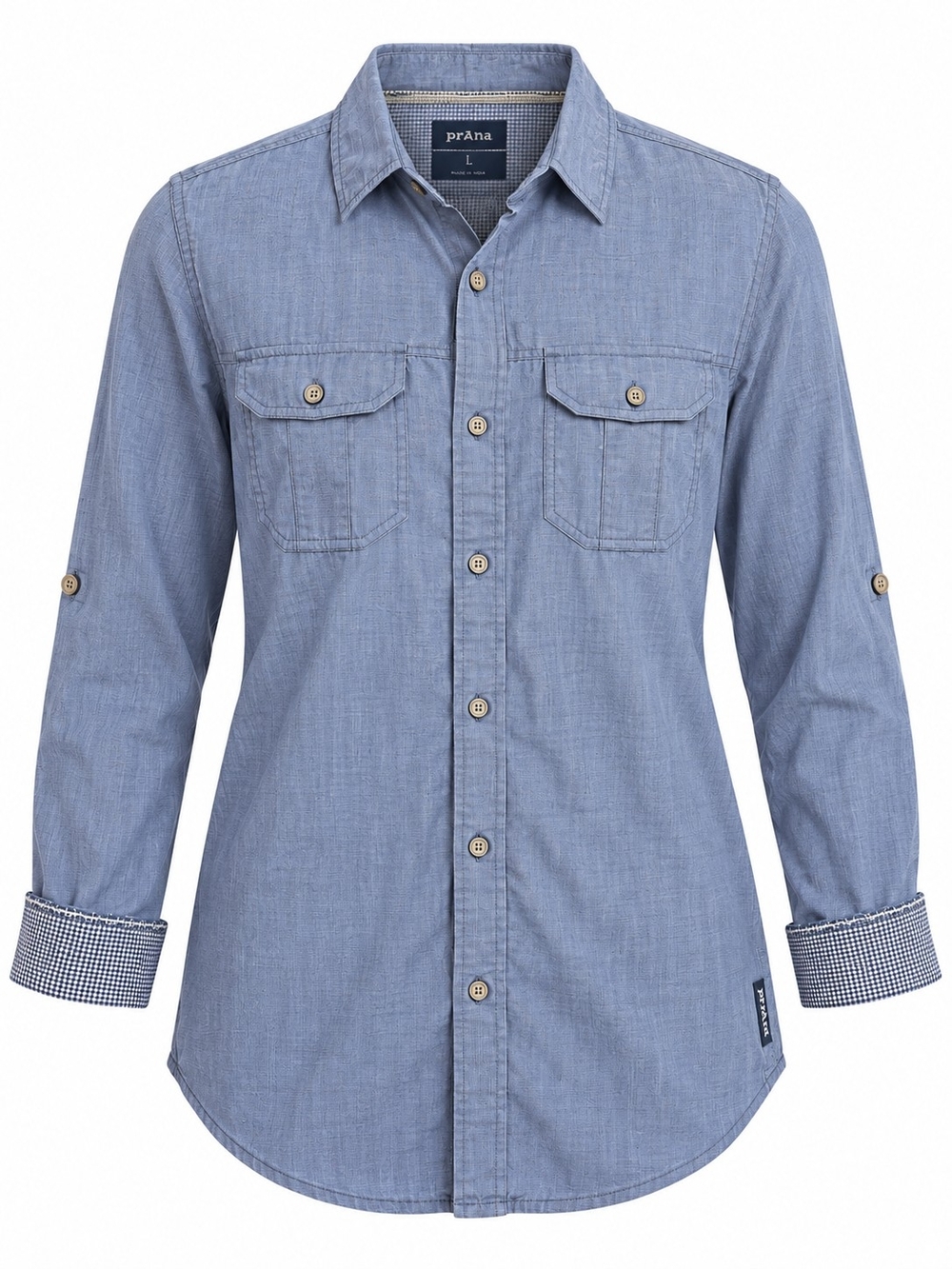 PRANA | Walker Slim Fit Dress Blue Organic Cotton Roll Tab Shirt Men's | L